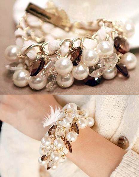 35mm WIDE GENUINE CRYSTALS N FAUX PEARLS BRACELET